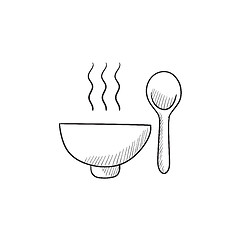 Image showing Bowl of hot soup with spoon sketch icon.