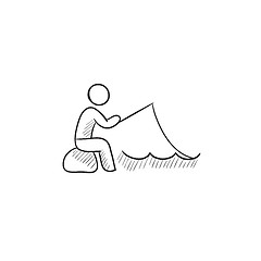 Image showing Fisherman sitting with rod sketch icon.