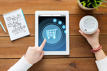 Image showing close up of woman with tablet pc on wooden table