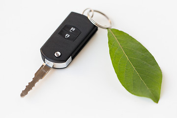 Image showing close up of car key and green leaf