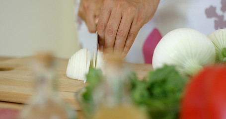 Image showing Close up on hands Cutting fresh onion