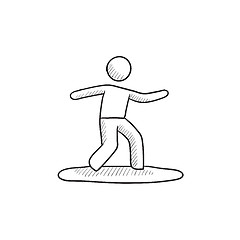 Image showing Male surfer riding on surfboard sketch icon.