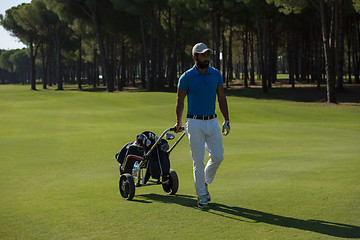 Image showing golf player walking with wheel bag