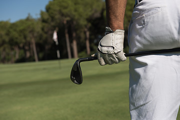 Image showing golf player close up hand and driver from back
