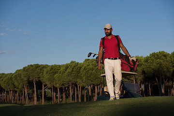 Image showing golfer  walking and carrying golf  bag