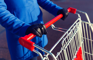 Image showing close up of woman with shopping cart on street