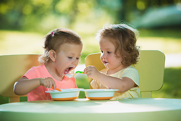 Image showing Two little girls sitting at a table and eating together against green lawn