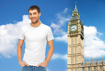 Image showing happy man in blank white t-shirt over big ben
