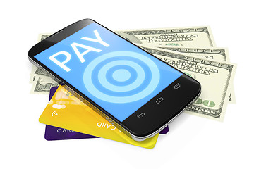 Image showing smartphone, dollar notes and credit cards for mobile payment