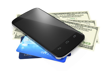 Image showing smartphone, dollar notes and credit cards for mobile payment