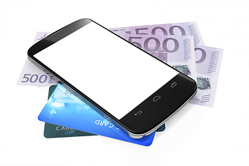 Image showing smartphone, euro notes and credit cards for mobile payment