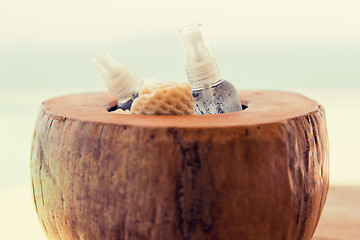 Image showing bowl with moisturizing spray at hotel beach or spa