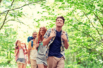 Image showing group of smiling friends with backpacks hiking