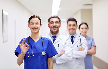 Image showing group of happy medics or doctors at hospital