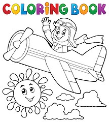 Image showing Coloring book pilot in retro airplane