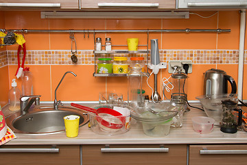 Image showing A pile of dirty dishes in the kitchen