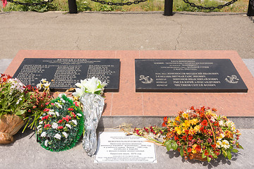 Image showing Big Utrish, Russia - May 17, 2016: Commemorative plate of the memorial complex on the island of Utrish, on the site of a mass grave sailors warship \