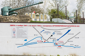 Image showing Vityazevo, Russia - April 24, 2016: The plan on the wall at the foot of the monument in honor of this place located on the firing position coastal BC-464 battery, 1942-1943 years \