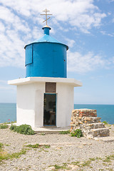 Image showing Big Utrish, Russia - May 17 2016: Chapel at the monument-Utrish lighthouse on the island, built in 1975 in tribute to all sailors Azov-Black Sea fleet, as well as the crew of the vehicle \