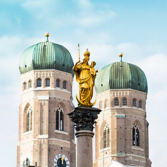 Image showing The Golden Mary\'s Column opposite the towers of the Cathedral of Our Dear Lady in Munich, Germany
