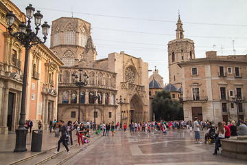 Image showing Square of Saint Mary\'s, fountain Rio Turia and Valencia Cathedral in a cloudy day. Valencia, Spain.