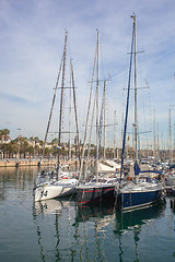 Image showing Row of luxury yachts mooring in a harbour