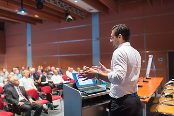 Image showing Public speaker giving talk at Business Event.