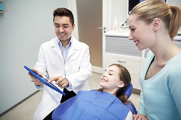 Image showing dentist showing tablet pc to girl and her mother