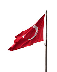 Image showing Turkish flag on flagpole waving in windy day