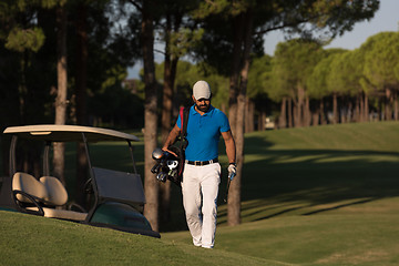 Image showing golfer  walking and carrying golf  bag