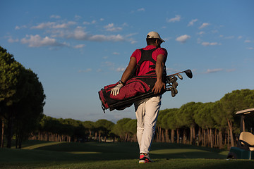 Image showing golfer  walking and carrying golf  bag