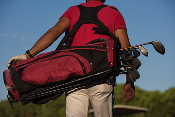 Image showing close up of golfers back while   walking and carrying golf  bag