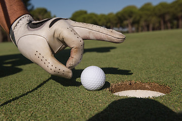 Image showing man\'s hand putting golf ball in hole