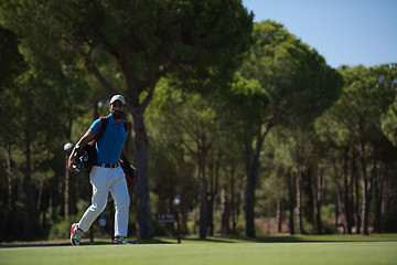 Image showing golf player walking and carrying bag