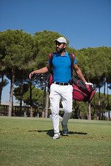 Image showing golf player walking and carrying bag