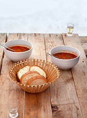 Image showing Lunch at ski resort in Georgia, kharcho and chacha