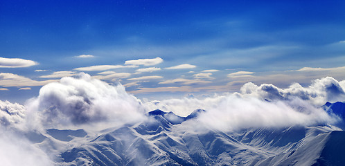 Image showing Panoramic view on Christmas landscape with falling snow