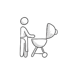 Image showing Man at barbecue grill sketch icon.