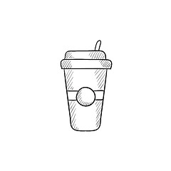 Image showing Disposable cup with drinking straw sketch icon.