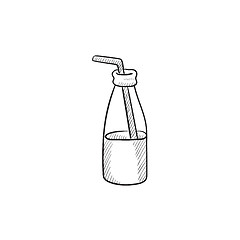 Image showing Glass bottle with drinking straw sketch icon.