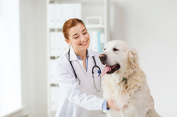 Image showing happy doctor with retriever dog at vet clinic