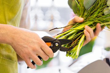 Image showing close up of florist man with flowers and pruner