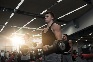 Image showing group of men flexing muscles with barbell in gym