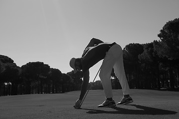 Image showing golf player placing ball on tee