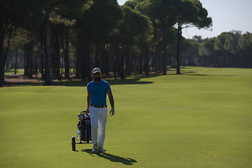 Image showing golf player walking with wheel bag