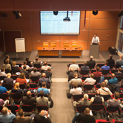 Image showing Business speaker giving a talk in conference hall.