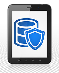 Image showing Database concept: Tablet Pc Computer with Database With Shield on display