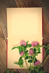 Image showing blank photo album and clover flowers