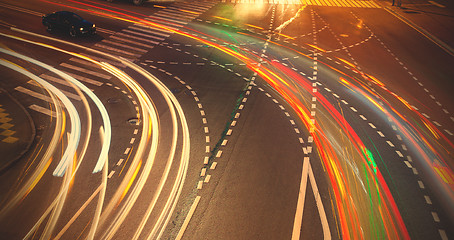 Image showing crossroads with traces lights of cars at night