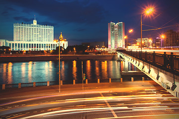 Image showing Moscow, Russia. Night cityscape with Kalinin bridge and Moscow r